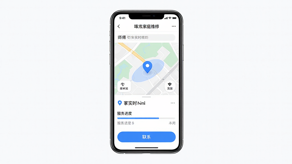 ����Ϊ�ֻ���Ļ��ʾ��ľ���ͥά��App�Ķ�������ҳ�棬ҳ������ʦ��ʵʱλ�õ�ͼ���������������ϵ��ť������Ϊ�����ֻ��������չʾ�����Ϊ���¼�Լ��UI��Ʒ磬ϸ�ڰ�����������ɫ����������ͼ�ϵĶ�λͼ�ꡢ�ײ�������ť������Ϊ���壬�ɾ����޶���Ԫ��