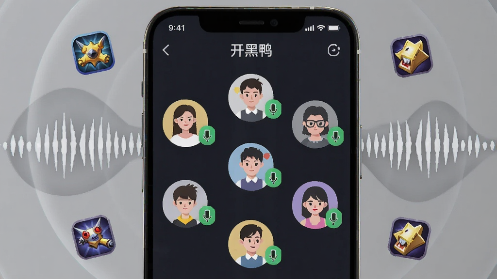 AI生图,画面主体为一部智能手机,屏幕中显示“开黑鸭”语音房间界面,多个用户头像环绕排列,每人头像旁有绿色麦克风图标,手机周围漂浮着声波纹理和游戏图标,布局居中对称,风格为扁平化科技风,细节精致,画质干净,无多余元素