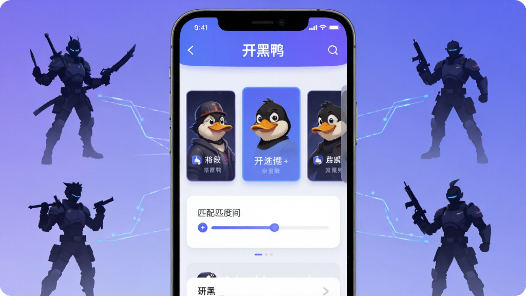 AI生图,画面中央为“开黑鸭”APP的组队匹配界面,屏幕中显示多个队伍卡片和匹配进度条,周围有游戏角色剪影和连接线条,布局清晰,风格为现代简约科技感,色调以蓝紫渐变为主,细节丰富,画质干净,无多余元素