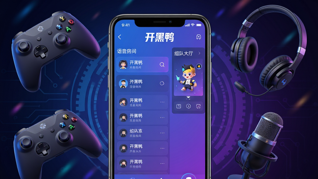 一张展示开黑鸭软件核心界面的图片,画面中央是手机屏幕,屏幕内显示开黑鸭APP的语音房间列表和组队大厅,界面以蓝紫色为主色调,顶部有“开黑鸭”文字标识,周围环绕着游戏手柄、耳机、麦克风等元素,背景是深色科技感渐变,整体风格年轻活力,细节清晰,画质干净,无多余元素