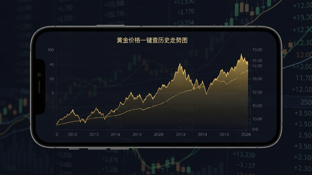 一张展示黄金价格一键查历史走势图功能的AI生图,画面中手机横屏显示着一条金色价格曲线图,图表下方有日期坐标轴,背景是深色金融风格,画质清晰,干净利落,无多余装饰
