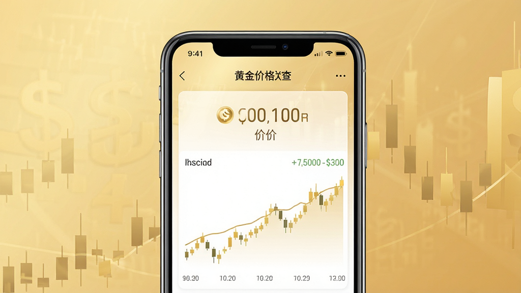 一张展示黄金价格一键查软件主界面的预览图,画面中央是手机屏幕,屏幕上显示着清晰的金价数字和走势曲线,背景是柔和的金色渐变,整体风格简洁现代,画质清晰干净,无多余元素