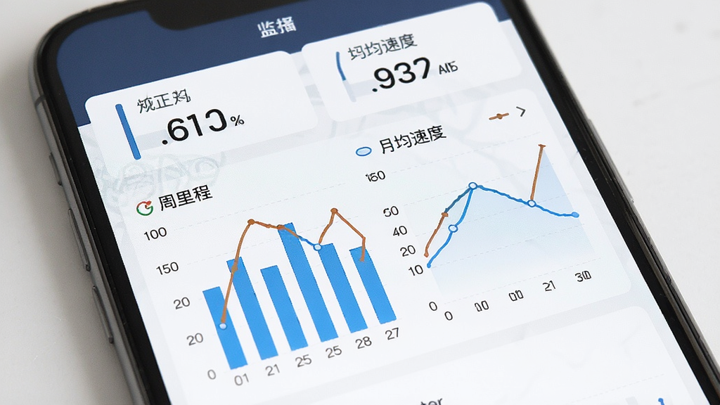 共享单车骑行数据记 数据统计图表界面,主体为手机屏幕显示柱状图与折线图组合,布局为上方汇总数字、下方图表区域,排版清晰,风格商务简约,细节包括周里程柱状图、月均速度折线,画质高清,干净,无多余元素