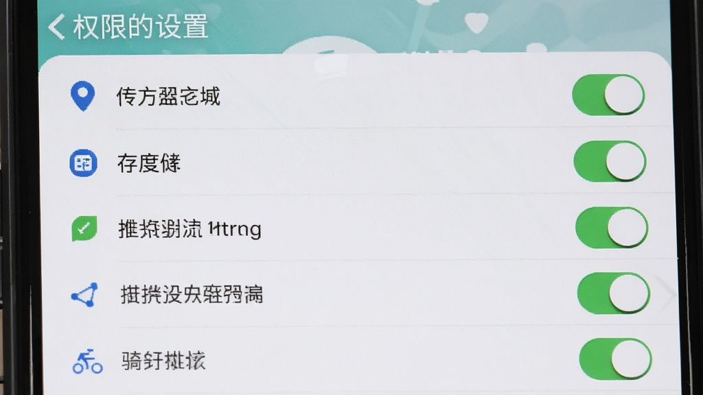 共享单车骑行数据记 手机权限设置界面截图,主体为手机屏幕显示应用权限管理页,布局为权限列表,排版清晰,风格系统原生,细节包括定位、存储、后台运行等权限开关,画质高清,干净,无多余元素