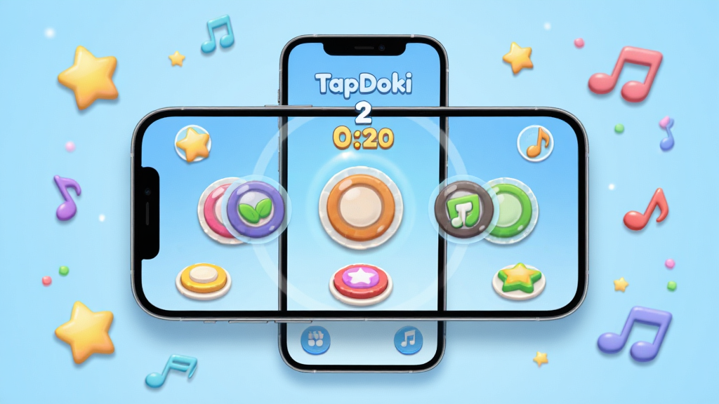 �����������һ�������ֻ�����Ļ����ʾTapDoki��Ϸ���棬��������ɫ�����޵�Բ�ε��Ŀ����������֣��ֻ���Χɢ�������Ǻ�����ͼ�꣬����Ϊǳ��ɫ���䣬���������¿ɰ������ּ�࣬�Ű���У�ϸ�ڰ���Բ��İ�ť����͵���Ӱ�����ʸ��壬�ɾ����޶���Ԫ��
