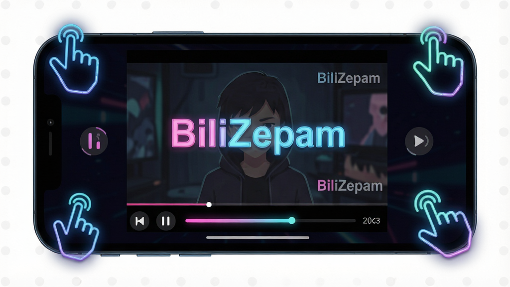 һ��չʾBiliZepam���������Ż���AI��ͼ������Ϊ�ֻ�����������Ƶ���棬����Ϊ���������У����ֲܷ�����ָʾͼ�꣬�Ű�ֱ�ۣ����Ϊ��ɫ���������޺������ϸ�ڰ�����BiliZepam��ˮӡ�����ٲ��Ű�ť����������������ʸ��壬�ɾ����޶���Ԫ��