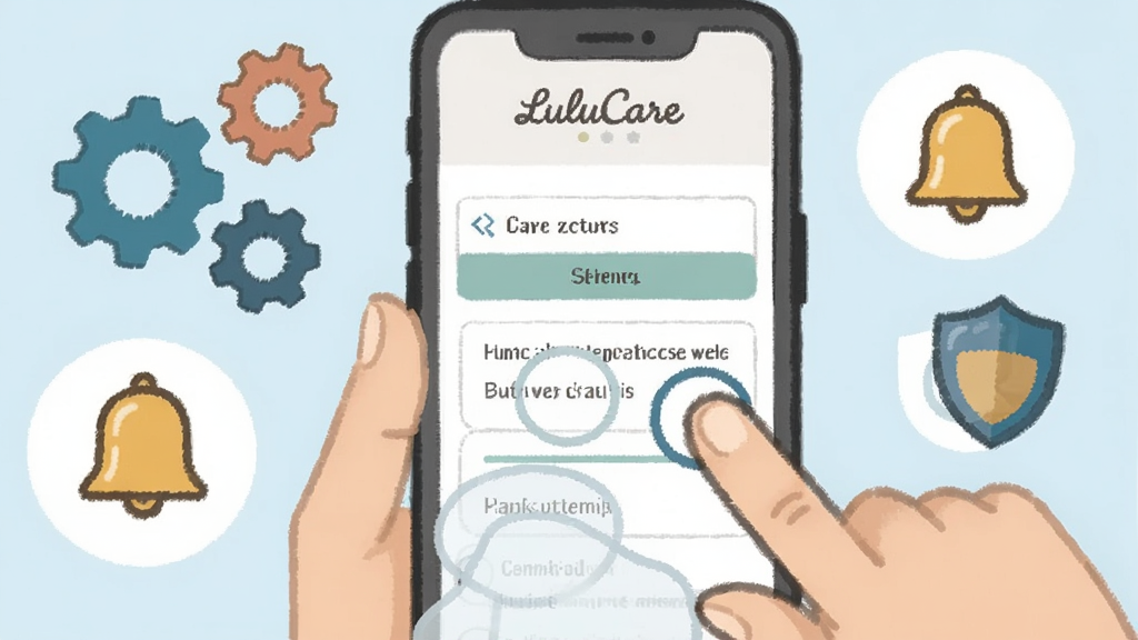 һ��չʾLuluCareʹ�ü��ɵĲ廭��������һ���ֻ���Ļ��ʾ���ý��棬�Ա�����ָ�����Ļ��ʾ�⣬��Χ�����ų��֡������Ͷ���ͼ�ꡣ����Ϊǳ��ɫ����������£������������޶���Ԫ�ء�