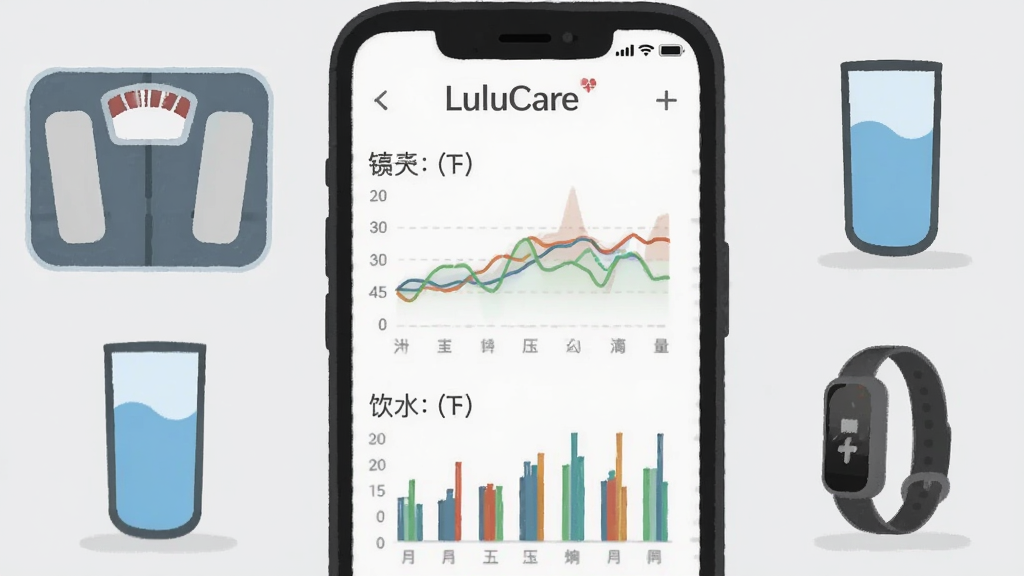 һ��չʾLuluCare�������ݼ�¼���ܵĽ���廭��������һ���ֻ���Ļ��ʾ��������ͼ����״ͼ���ֱ�������ء�Ѫѹ����ˮ�������ݱ仯��ͼ��ɫ�ʷ������ֻ��Ա������سӡ�ˮ�����˶��ֻ��ļ�Լͼ�꣬����Ϊǳ��ɫ����������ˬ��רҵ�������������޶���Ԫ�ء�