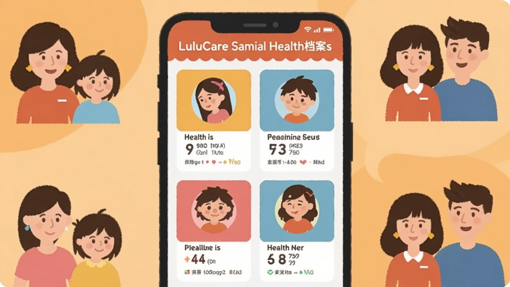 һ��չʾLuluCare��ͥ�����������ܵĲ廭��������һ���ֻ���Ļ��ʾ�����ͥ��Ա��ͷ��Ƭ��ÿ�ſ�Ƭ�·��н�������ժҪ���ֻ���Χ�����ż�ͥ��Ա�ļ�Լ����ͼ�꣬����Ϊůɫ����ǳ��ɫ�����������С���ܰ�������������޶���Ԫ�ء�