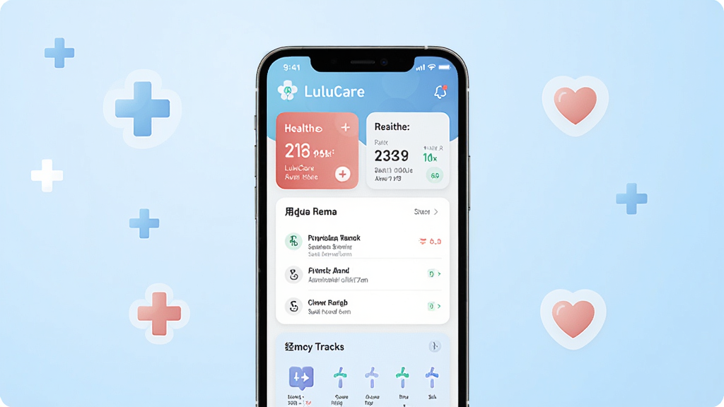 һ��չʾLuluCare������������ֻ�����ͼ������������һ���ִ������ֻ�����Ļ��ʾLuluCareӦ����ҳ�������������ݿ�Ƭ����ҩ�����б��;���׷��ģ�顣����Ϊ��͵�ǳ��ɫ���䣬��Χ��׺��Լ��ҽ��ʮ��ͼ��Ͱ��ķ��š����������¡��ɾ����ִ��������������޶���Ԫ�ء�