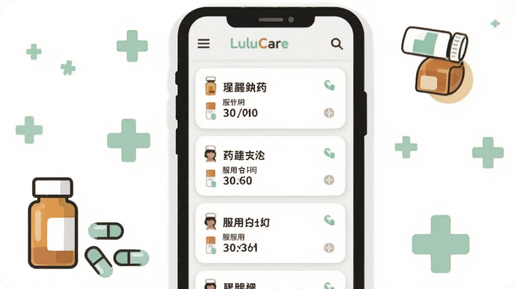 һ��չʾLuluCare��ҩ���ѹ��ܵĽ����ͼ���廭��������һ���ֻ���Ļ��ʾ������ҩ���ѿ�Ƭ����Ƭ�ϱ�ע��ҩƷ���ơ�����ʱ��ͼ������ֻ��Ա�ɢ����ҩƿ�ͽ��ҵļ�Լͼ�꣬����Ϊ�ɾ��İ�ɫ����׺����ɫʮ�ֱ�־�������������죬�����������޶���Ԫ�ء�