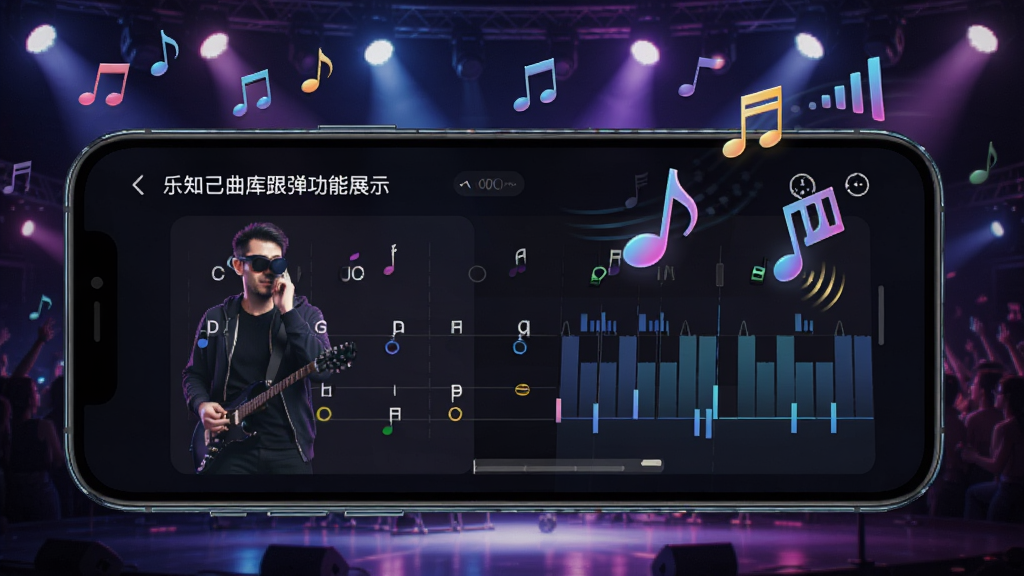 乐知己曲库跟弹功能展示,手机屏幕显示歌曲和弦谱和节奏轨道,背景是舞台灯光效果,画面中漂浮着音符和节拍图标,风格动感活力,画质清晰,布局整洁,无多余元素