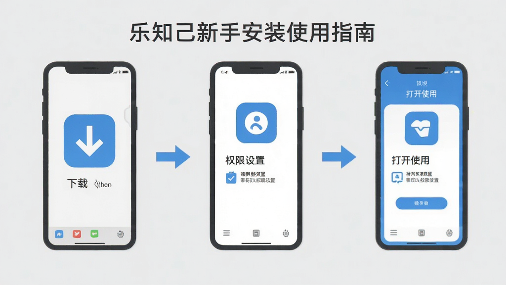乐知己新手安装使用指南示意图,画面展示手机安装应用的步骤流程,从下载到权限设置再到打开使用,配以简洁图标和箭头指示,背景为浅灰色,风格扁平化设计,画质清晰,布局规整,无多余元素