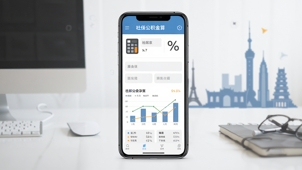 手机社保公积金计算软件主界面展示,画面中央放置一部智能手机,屏幕显示社保公积金计算器界面,包含输入框和结果图表,背景为简洁的办公桌面,风格为现代扁平化,细节包括计算器图标、百分比符号、城市地标剪影,画质清晰,干净,无多余元素