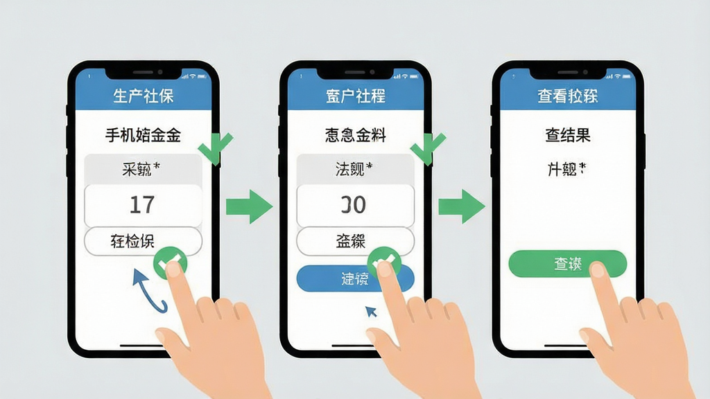 手机社保公积金计算软件使用教程示意图,画面展示手机屏幕上的操作步骤,包含手指点击、输入数字、查看结果等动作,背景为浅灰色,风格为扁平化教学插画,细节包括箭头指示、勾选标记,画质清晰,干净,无多余元素