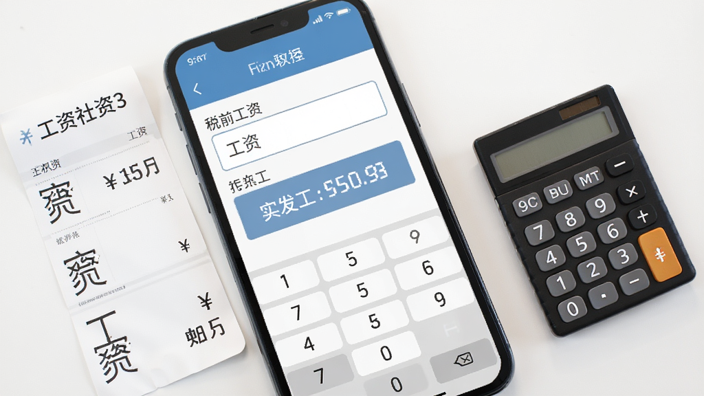 手机社保公积金计算软件工资估算界面,手机屏幕显示税前工资输入框和实发工资结果,旁边有工资条和计算器元素,风格为简约商务,细节包括数字键盘、人民币符号,画质清晰,干净,无多余元素
