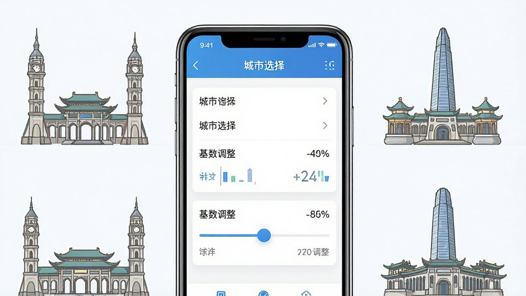手机社保公积金计算软件功能展示图,画面中心为手机屏幕,显示城市选择列表和基数调整滑块,周围环绕不同城市的标志性建筑简图,风格为清新商务,细节包括数据图表、百分比数字,画质清晰,干净,无多余元素