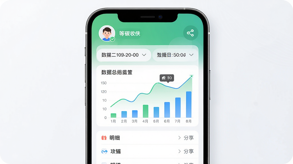 ̼��������̼�˻����ݿ�����棬��������Ϊ�ֻ���Ļ��ʾ����ͼ����״ͼ��ͼ����ɫΪ��ɫ����ɫ����Ļ�Ϸ����û�ͷ��͵ȼ���ʶ������Ϊ���½ṹ���Ϸ�Ϊ�����������·�Ϊ��ϸ�б������Ϊ�ִ���Լ���ݿ��ӻ���ϸ��������ɸѡ��ť�ͷ���ͼ�꣬���ʸ��壬�ɾ����޶���Ԫ��
