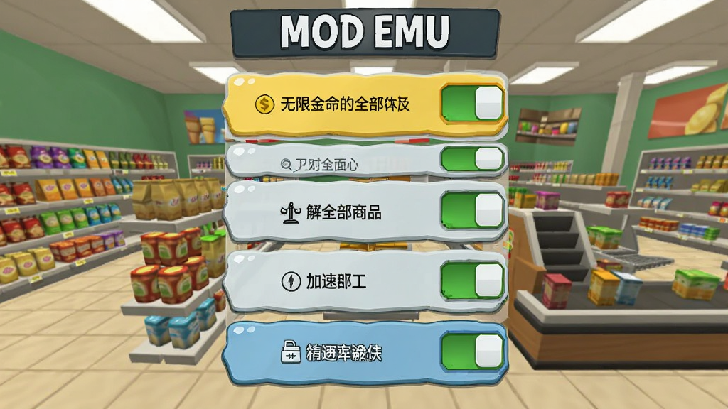 ��ʽ�����̵꾭Ӫģ����MOD�˵������ͼ����������ʾ������ܿ��ذ�ť���������޽�ҡ�����ȫ����Ʒ������Ա����ѡ��������࣬����Ϊ���г�������ͨ��񣬻����������ɾ��޶���Ԫ��