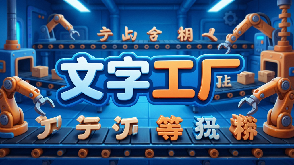 卡通风格的文字工厂内部生产线场景,多条传送带纵横交错,上面运送着偏旁部首和汉字部件,机械臂正在组装文字,背景有科技感的光效,画面中央醒目地写着