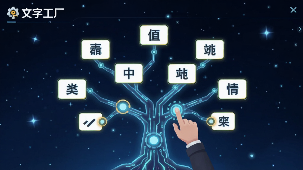 文字工厂科技树界面截图风格,画面展示一棵发光的科技树,树枝上挂着不同的汉字和图标,玩家正在点击升级节点,背景是深蓝色星空,界面简洁现代,带有