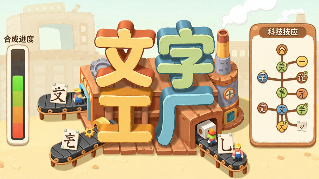 一款以汉字为主题的工厂模拟经营游戏主界面,画面中央是巨大的