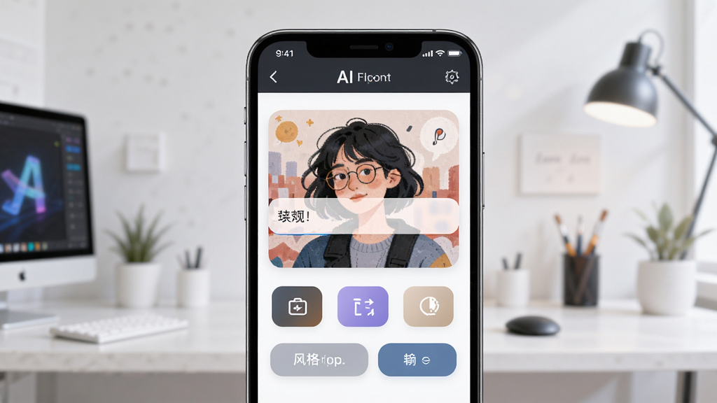 京盟AI绘画软件主界面展示,画面中央是手机屏幕,屏幕内显示AI绘画生成界面,包含文字输入框和风格选择按钮,背景是简洁的浅色工作室环境,布局居中对称,风格现代科技感,细节清晰,画质高清,干净,无多余元素