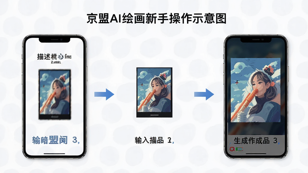 京盟AI绘画新手操作示意图,画面展示手机屏幕中从输入描述到生成作品的完整流程,布局分步骤展示,风格简洁明了,细节清晰,画质高清,干净,无多余元素
