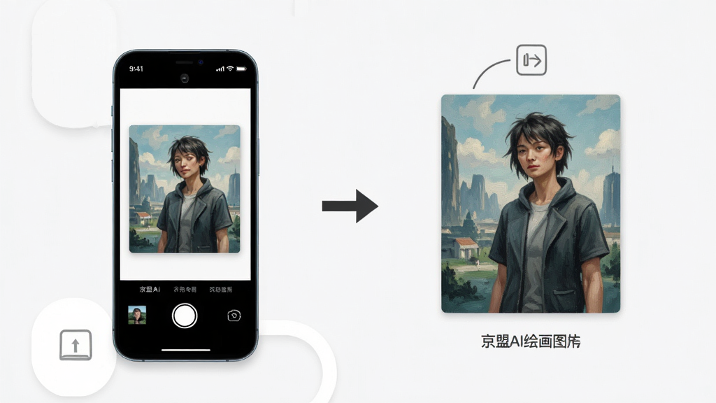 京盟AI绘画图片参考生成功能,画面展示手机上传图片后生成新画作的过程,布局上下结构,风格现代简约,细节清晰,画质高清,干净,无多余元素
