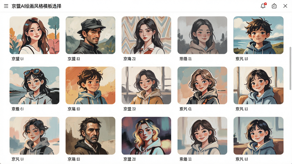 京盟AI绘画风格模板选择界面,画面展示多个风格缩略图排列成网格,每个缩略图代表不同绘画风格,布局整齐,风格清新明快,细节清晰,画质高清,干净,无多余元素
