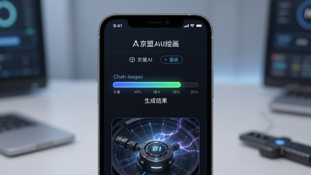 京盟AI绘画快速生成引擎示意,画面展示手机屏幕中进度条快速完成并显示生成结果,布局居中,风格科技感,细节清晰,画质高清,干净,无多余元素