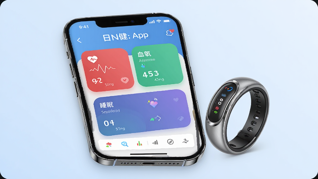 һ��չʾ���½�App������ĸ���ͼ�������������ֻ���Ļ����Ļ����ʾ���ʡ�Ѫ����˯�ߵȽ������ݿ�Ƭ���ֻ��Ա߷���һö��ɫ���ܽ�ָ������Ϊ��͵�ǳ��ɫ���䣬�����Ƽ��У�ϸ�����������ʸɾ����޶���Ԫ��