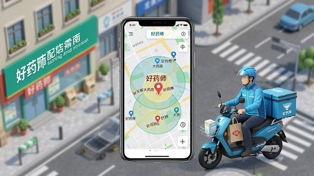 好药师APP门店定位与配送功能展示图,画面中心是一部手机,屏幕显示地图界面标注多个好药师大药房门店位置和配送范围圈,手机旁边有一位骑手正在取药准备出发,背景为城市街道俯瞰视角,布局以手机为视觉焦点,风格清新明快,细节包括门店招牌、电动车、药袋等,画质高清,干净无多余元素
