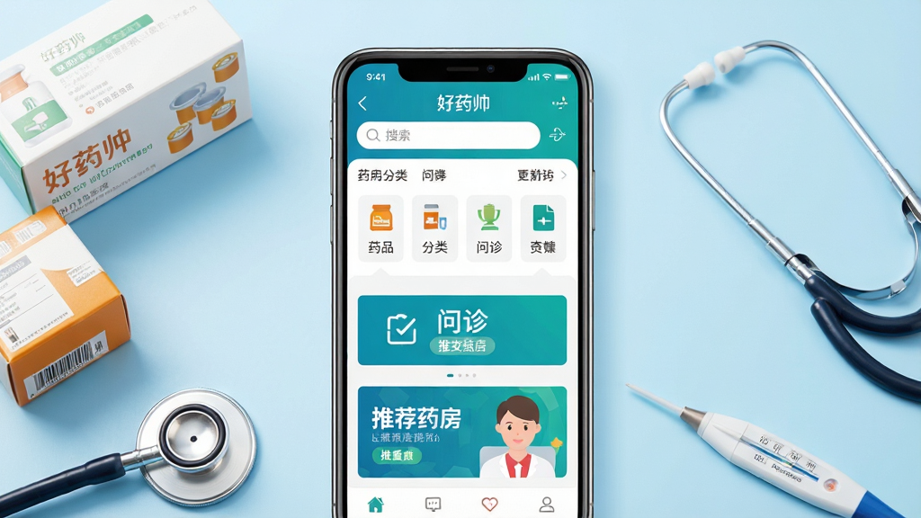 一张展示好药师手机应用主界面的场景图,画面中央是一部竖屏智能手机,屏幕上显示好药师APP首页,包含搜索框、药品分类图标、问诊入口和推荐药房banner,手机周围散落着药盒、听诊器、体温计等医疗元素,背景为浅蓝色渐变医疗风格,布局居中对称,风格现代简洁,细节清晰,画质高清,干净无多余元素