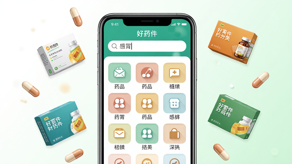 好药师APP药品分类与搜索界面图,画面中央一部手机展示药品分类网格图标和搜索框,搜索框内显示感冒关键词,手机周围漂浮着各种药盒和胶囊图案,背景为白色和浅绿色渐变,布局围绕手机展开,风格干净清爽,细节清晰,画质高清,干净无多余元素