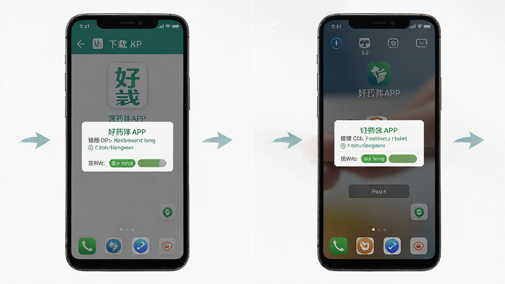 好药师APP在安卓手机上的安装与权限设置操作示意图,画面展示手机屏幕从下载安装包到打开应用的流程步骤,包含权限弹窗和桌面图标,布局为左右分步展示,风格简洁教程风,细节清晰,画质高清,干净无多余元素