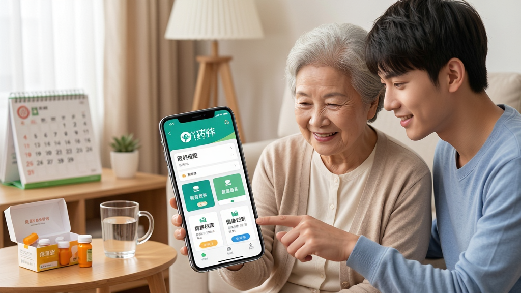 好药师APP用药提醒与健康档案功能展示图,画面中一部手机屏幕显示用药提醒设置界面和健康档案卡片,手机旁边有一位老年人和一位年轻人在看手机,背景为居家客厅场景,布局温馨自然,风格生活化,细节包括药盒、水杯、日历等,画质清晰,干净无多余元素