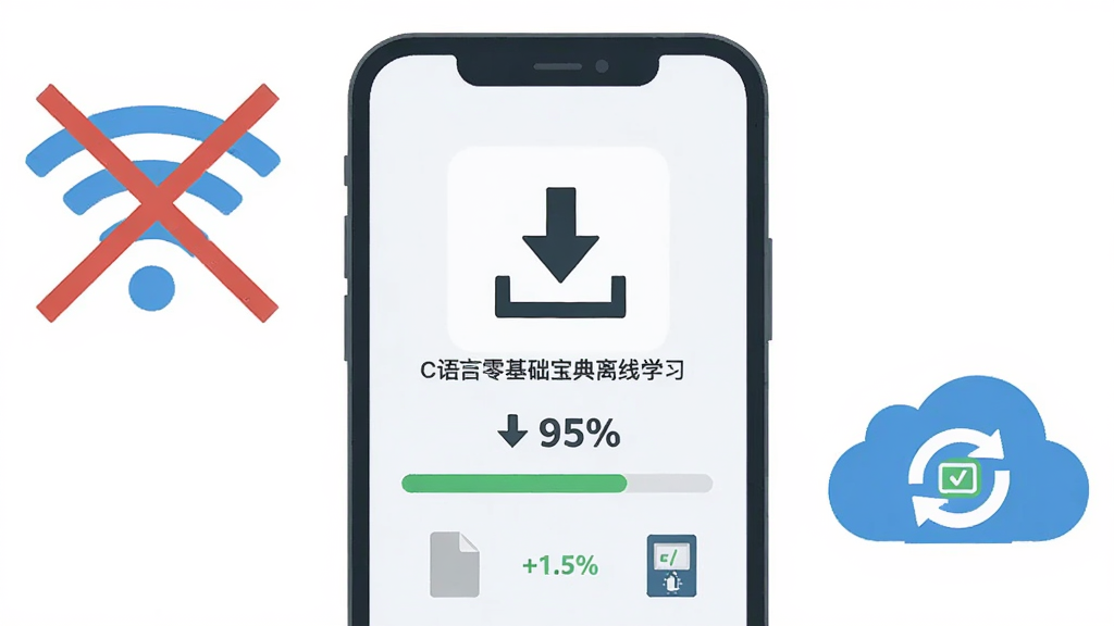 一张展示C语言零基础宝典离线学习功能的图片,主体为手机屏幕中显示着下载完成标识和进度条,布局为居中构图,屏幕周围有WiFi信号被划掉的图标和云同步图标,排版简洁,风格为扁平化插画风,细节包括下载箭头、进度百分比、缓存文件图标,画质高清,画面干净,无多余元素。