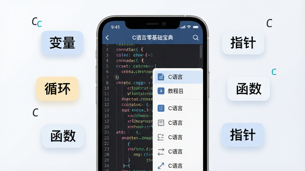 一张展示C语言零基础宝典软件界面的图片,主体为一款手机屏幕中显示着C语言代码编辑器和教程目录,布局采用居中构图,屏幕周围环绕着C语言关键词如“变量”“循环”“函数”“指针”等悬浮标签,排版简洁明快,风格为现代科技教育风,细节包括手机边框圆角、代码高亮配色、目录图标清晰,画质高清,画面干净,无多余元素。