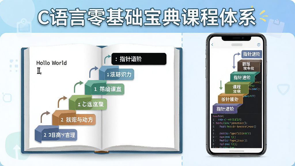 一张展示C语言零基础宝典课程体系的图片,主体为一本翻开的电子书与手机屏幕结合,屏幕上显示着从“Hello World”到“指针进阶”的阶梯式课程目录,布局为左右分栏,左侧为知识阶梯,右侧为手机界面,排版整齐,风格为清新教育风,细节包括阶梯上的知识点标签、手机中的代码高亮,画质高清,画面干净,无多余元素。
