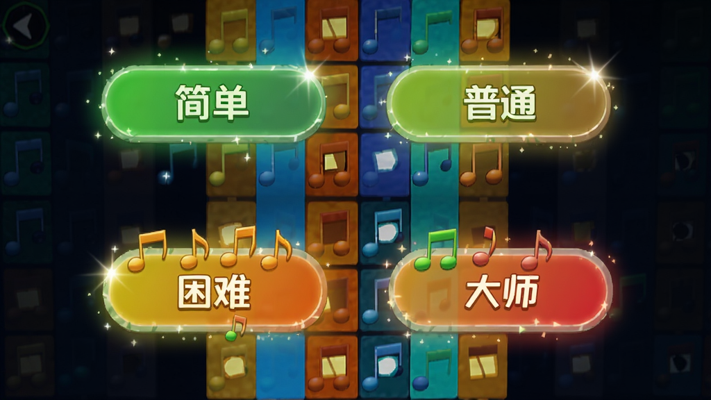 画面展示四个难度选择按钮,分别标注“简单”“普通”“困难”“大师”,按钮颜色由绿到红渐变,背景为节奏方块游戏中的选曲界面,布局居中,风格简洁明快,细节包括音符装饰和光效,画质高清,干净,无多余元素