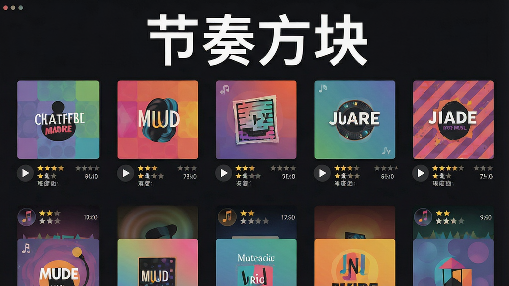 一张展示音乐曲库界面的截图风格插画,画面中排列着多个彩色专辑封面,每个封面上标注不同音乐风格,背景为深色,上方有“节奏方块”四个字,布局整齐,风格现代扁平,细节包括播放按钮、难度星级、时长标签,画质清晰,干净,无多余元素