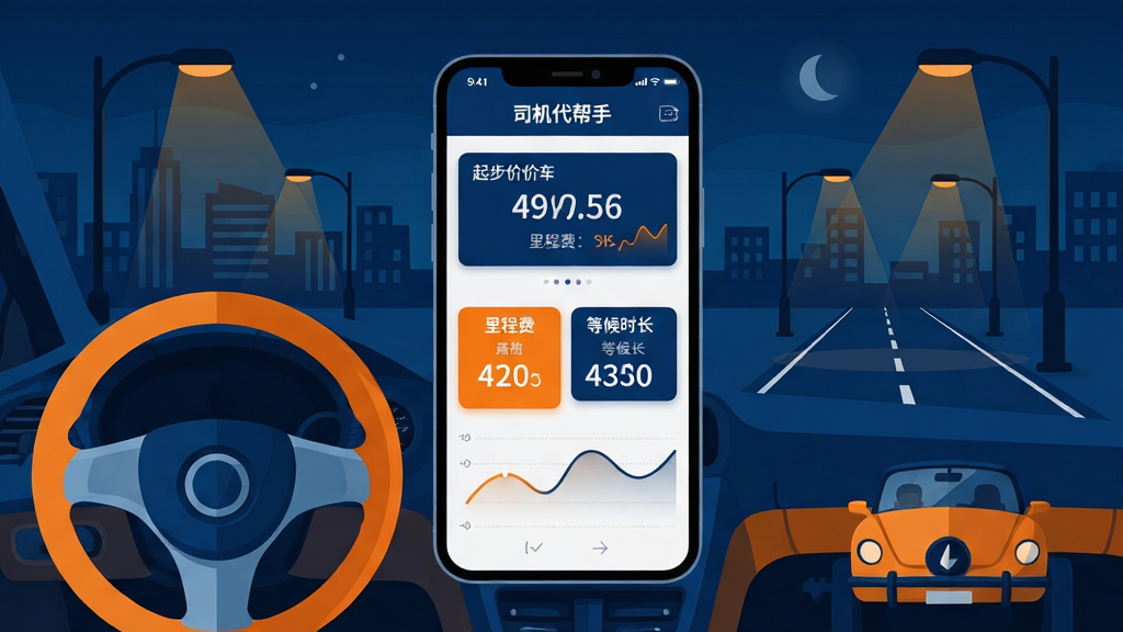 画面中央是一部智能手机,手机屏幕上显示着司机代驾计费帮手软件的计费界面,界面中包含起步价、里程费、等候时长等数据面板,手机周围环绕着汽车方向盘、夜间城市道路、路灯等代驾场景元素,整体采用扁平化科技插画风格,色调以深蓝和亮橙为主,布局简洁明了,细节突出数字与图表,画质清晰干净,无多余装饰元素