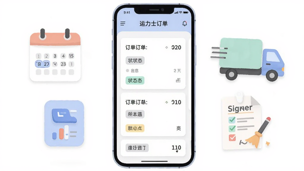 画面中央是一部手机,屏幕显示运力士订单管理页面,页面上有订单卡片、状态标签和运费数字,手机左侧悬浮着日历和报表图标,右侧有货车和签收单元素,整体采用柔和的浅色系插画风格,布局整洁有序,画质细腻,背景干净,无多余元素