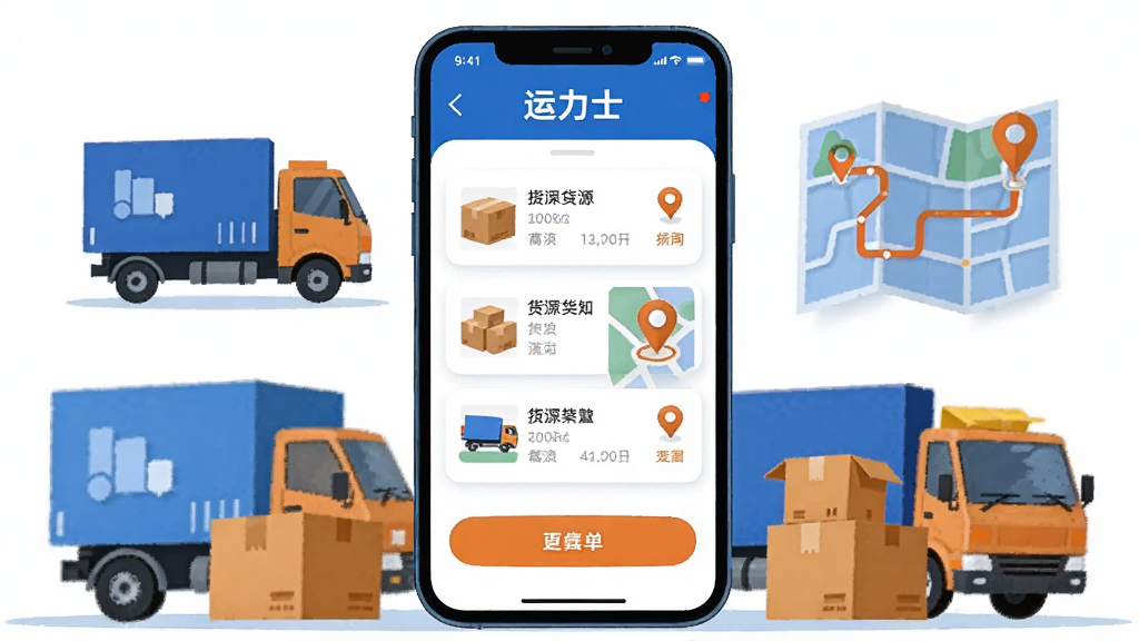 画面中央放置一部智能手机,手机屏幕上显示运力士APP的接单界面,界面中有货源列表和地图定位图标,手机周围环绕货车、纸箱、路线图等物流元素,采用扁平化插画风格,色彩以蓝色和橙色为主,背景干净简洁,画质清晰明亮,整体布局居中对称,无多余装饰元素