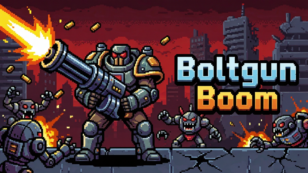 һ�����ط���������Ϸ Boltgun Boom �����Ӿ�����������������һλ��������װ�׵�սʿ�ֳ־޴�ı���ǹ��ǹ�������ҫ�۵Ļ�⣬ǰ���ǳ�Ⱥ�����Ļ�е����������ưܵ�δ�����з��棬��ճ��ְ���ɫ�����沼��Ϊ��湹ͼ������λ�ڻ�������ƫ���Ҳ������ռ������Ϸ�������� 