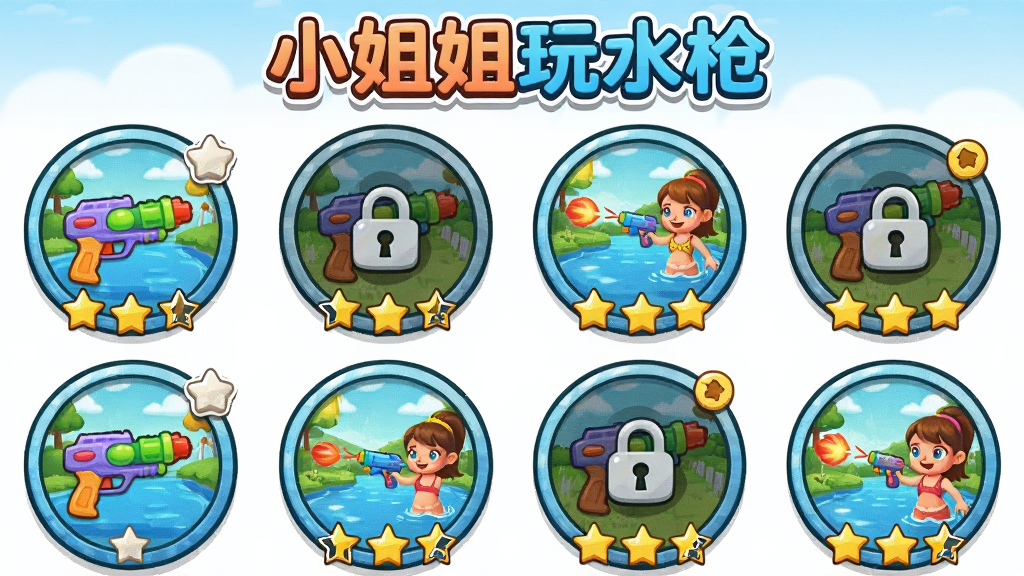 ��ͨ������Ϸ�ؿ�ѡ����棬�����������Ŷ��Բ�ιؿ�ͼ�꣬ÿ��ͼ������ʾ��ͬ��ˮǹ�����������ͼ������ͼ�����������־���Ǽ����֣����涥���С�С�����ˮǹ�����֣����岼�ֹ����������ã����ʸɾ����޶���Ԫ��