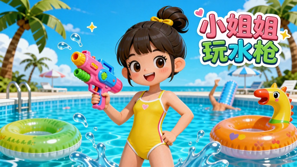 ��ͨ���ĺ���Ӿ�س�����һλ����ɫӾ�µ�Ů���ֳַ�ɫˮǹվ�ڻ������룬��Χ�зɽ���ˮ����Ư���ĳ�����ߣ�������������ƺ���������������ϽǴ��С�С�����ˮǹ�����֣�����ɫ���������죬ϸ�ڷḻ�������������޶���Ԫ��