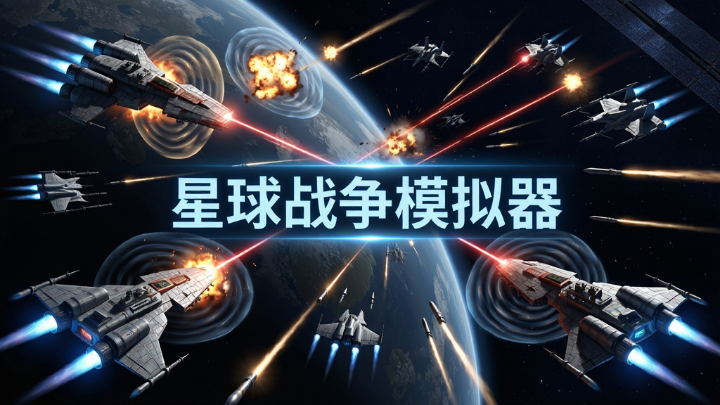 实时太空战斗场景,多艘战舰在星球轨道上交火,激光束和导弹轨迹交织,画面中央有“星球战争模拟器”发光标识,主体为激烈战斗画面,布局动感斜向构图,风格为科幻战争,细节包含爆炸火光、护盾波纹、战机编队,画质高清干净无多余装饰