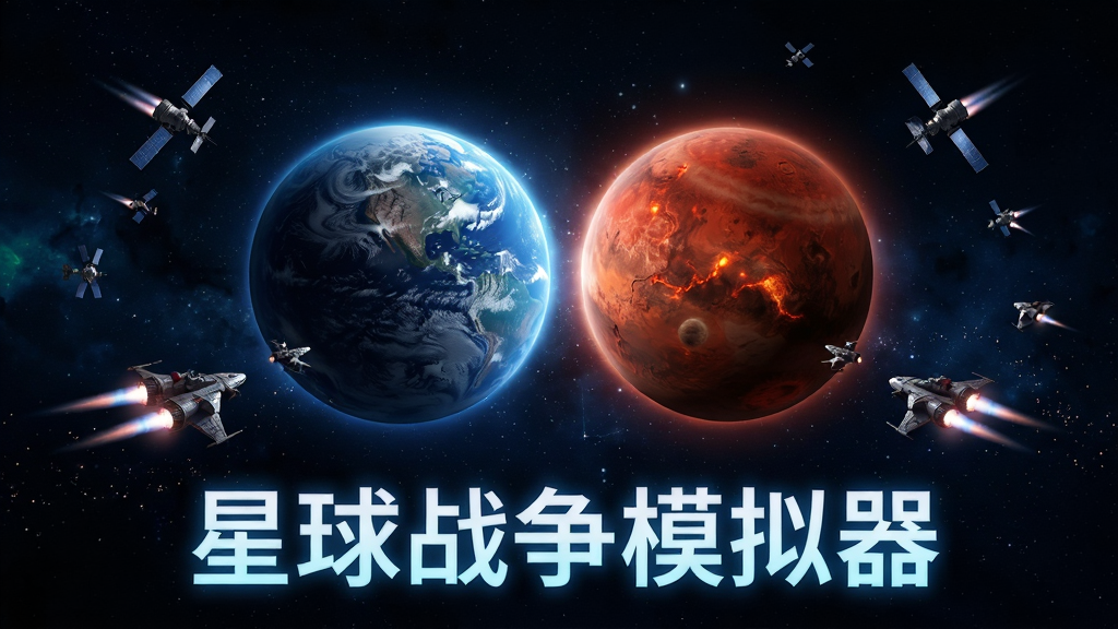 浩瀚宇宙星空背景下,中央悬浮一颗蓝色星球与红色星球对峙,周围环绕小型战舰和卫星,画面下方有发光文字“星球战争模拟器”,主体突出星球对战氛围,布局居中对称,排版简洁大气,风格为科幻写实,细节包含星球纹理、战舰尾焰、星光粒子,画质高清干净无多余元素
